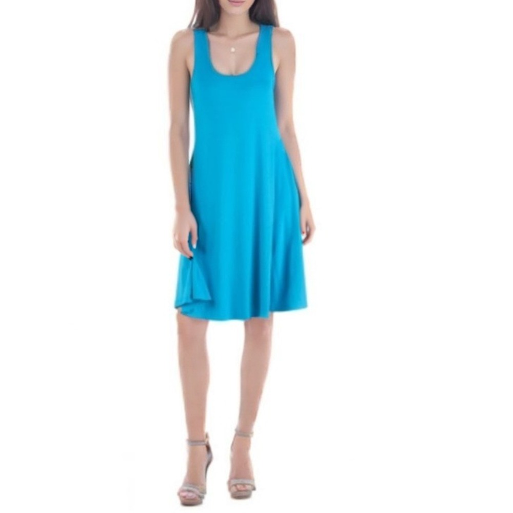 24seven Comfort Sleeveless Fit Flared Midi Dress Womens L Blue Effortless Chic